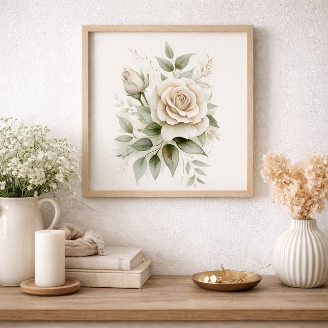 Poster Elegant White Rose Botanical Greenery Neutral  (White roses and greenery wall art)