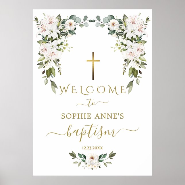 Poster Elegant WhiteLily Wild Rose Welcome Baptism Sign (Frente)