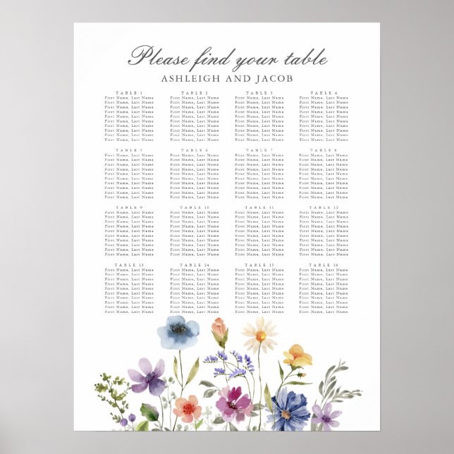 Poster Elegant Wildflowers Spring Wedding Seating Chart (Frente)