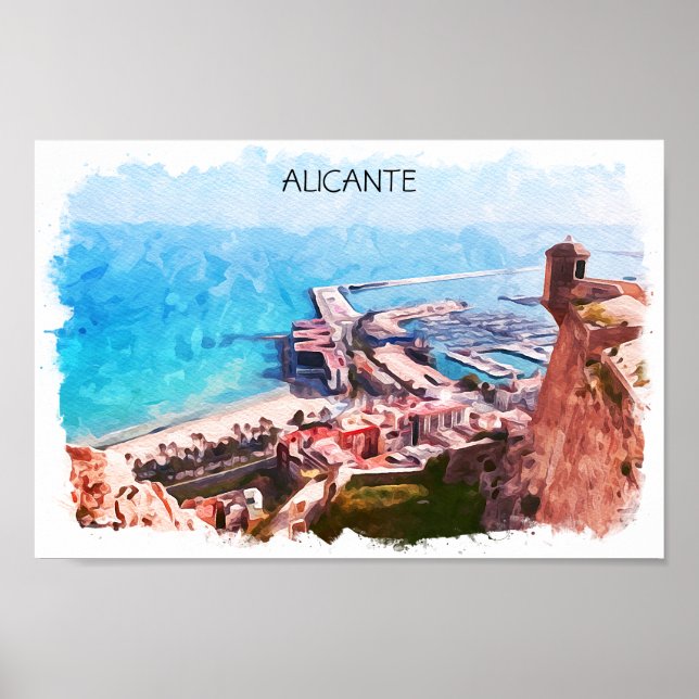 Poster Elegante Alicante Espanha Panorama Watercolor (Frente)