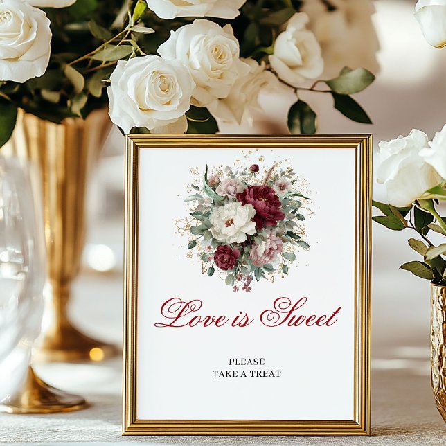 Poster Elegante Amor é Doce Sinal Verde Rosa Burgundy (Elegant Love is Sweet Greenery Blush Burgundy Sign)