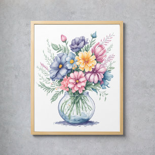 Poster Elegante Aquarela Buquê Flor Flor Arte Selvagem