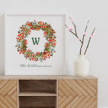 Poster Elegante Aquarela Verde Monograma de Verrugas<br><div class="desc">Esta poster de arte na moda mostra uma bela coroa verde de Natal com bagas em vermelho e verde. Personalize-o com o seu nome e nome iniciais na escrita moderna. ideia de presente de excelente.</div>