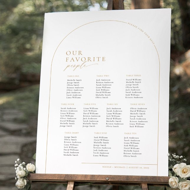 Poster Elegante Arco de Ouro 10 Mesas Carta de Assentos d (Whimsical Script Black and White Wedding Seating Chart)