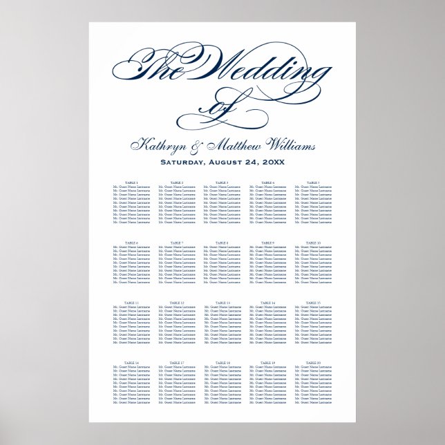 Póster Elegante Assento de Casamento com Caligrafia Azul- (Frente)