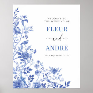 Poster Elegante Azul Branco Casamento Chinesice Bem-Vindo