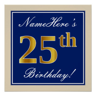 Póster Elegante, Azul, Faux Dourada 25 Aniversário + Nom