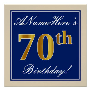 Póster Elegante, Azul, Faux Dourada 70 Aniversário + Nom