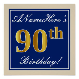 Póster Elegante, Azul, Faux Dourada 90 Aniversário + Nome