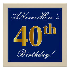 Póster Elegante, Azul, Faux Dourada aniversário de 40 ano