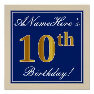 Póster Elegante, Azul, Faux Dourado 10º Aniversário + N