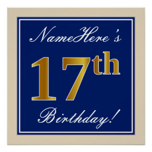 Póster Elegante, Azul, Faux Dourado 17º Aniversário + N
