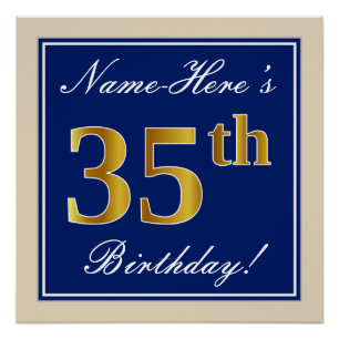 Póster Elegante, Azul, Faux Dourado 35º Aniversário + N