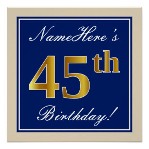 Póster Elegante, Azul, Faux Dourado 45º Aniversário + N