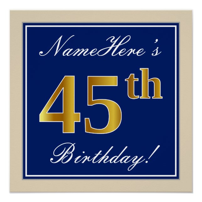 Póster Elegante, Azul, Faux Dourado 45º Aniversário + Nom (Frente)