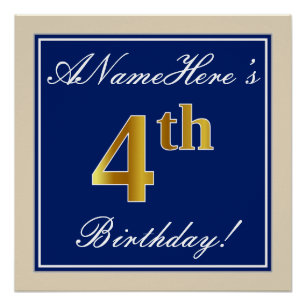 Póster Elegante, Azul, Faux Dourado 4.o aniversário; Nom