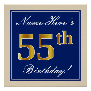 Póster Elegante, Azul, Faux Dourado 55º Aniversário + N