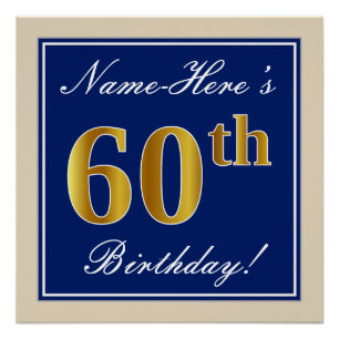 Póster Elegante, Azul, Faux Dourado 60º Aniversário + Nom