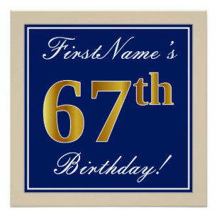 Póster Elegante, Azul, Faux Dourado 67º Aniversário + Nom