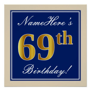Póster Elegante, Azul, Faux Dourado 69 Aniversário + Nom