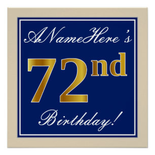 Póster Elegante, Azul, Faux Dourado 72º Aniversário + Nom
