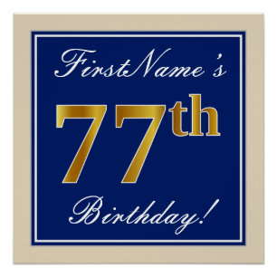 Póster Elegante, Azul, Faux Dourado 77º Aniversário + N