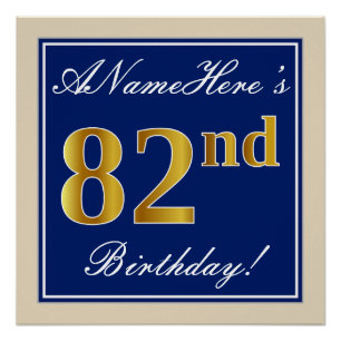 Póster Elegante, Azul, Faux Dourado 82º Aniversário + Nom