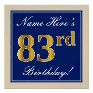 Póster Elegante, Azul, Faux Dourado 83º Aniversário + N