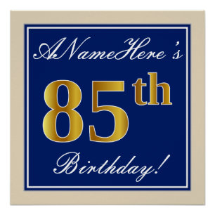 Póster Elegante, Azul, Faux Dourado 85º Aniversário + N