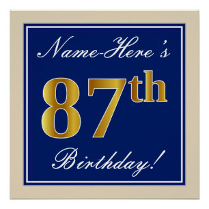 Póster Elegante, Azul, Faux Dourado 87º Aniversário + N