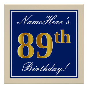 Póster Elegante, Azul, Faux Dourado 89º Aniversário + N
