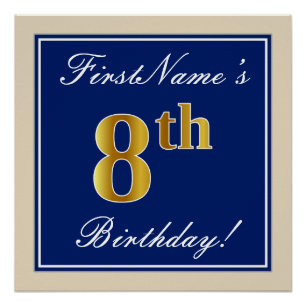 Póster Elegante, Azul, Faux Dourado 8.o aniversário; Nom