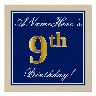 Póster Elegante, Azul, Faux Dourado 9º Aniversário; Nom