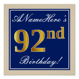 Póster Elegante, Azul, Faux Dourado 92º Aniversário + N