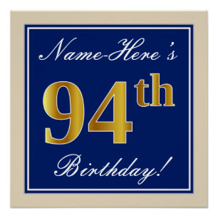 Póster Elegante, Azul, Faux Dourado 94º Aniversário + Nom