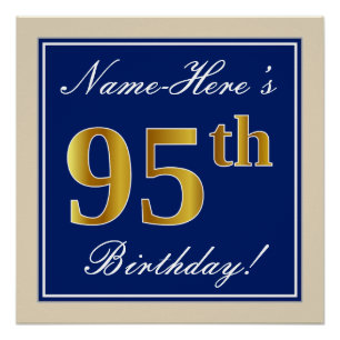 Póster Elegante, Azul, Faux Dourado 95º Aniversário + Nom