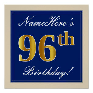 Póster Elegante, Azul, Faux Dourado 96º Aniversário + Nom