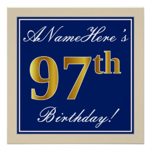 Póster Elegante, Azul, Faux Dourado 97º Aniversário + N