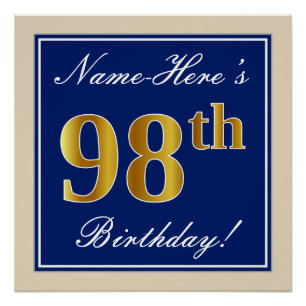 Póster Elegante, Azul, Faux Dourado 98º Aniversário + N