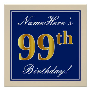 Póster Elegante, Azul, Faux Dourado 99º Aniversário + N