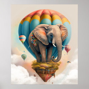 Poster Elegante Balão de Ar Quente de Elefante Fofo Anima