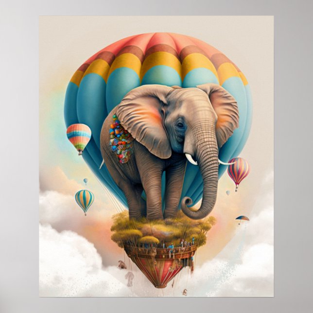 Poster Elegante Balão de Ar Quente de Elefante Fofo Anima (Frente)