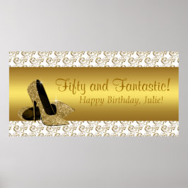 Poster Elegante Banner de Bota de Salto Alto Dourado para