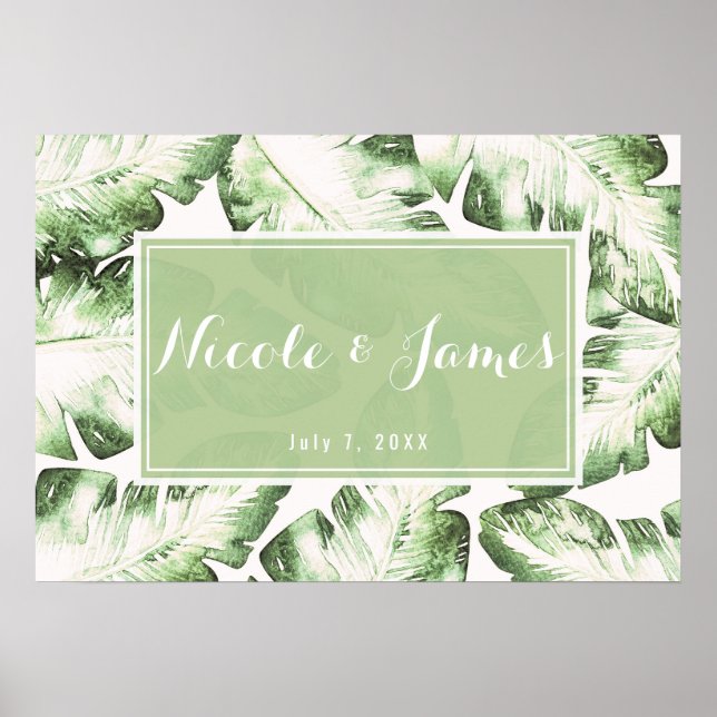 Poster Elegante Banner de Casamento de Folhas Tropicais B (Frente)
