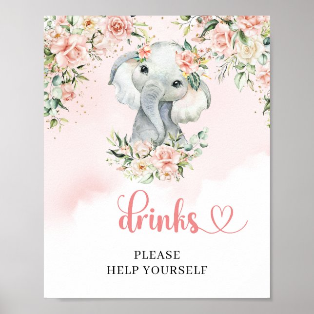 Poster Elegante bebê elefante da selva com drinks rosa e  (Frente)