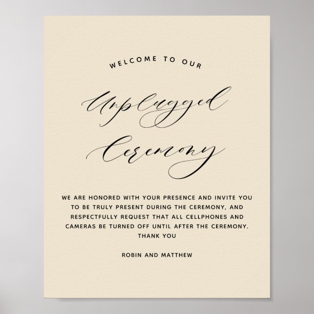 Poster Elegante Beige Unplugged Ceremony Wedding Sign (Frente)