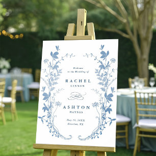 Poster Elegante Bem-vindo de Casamento Botânico Azul Fran
