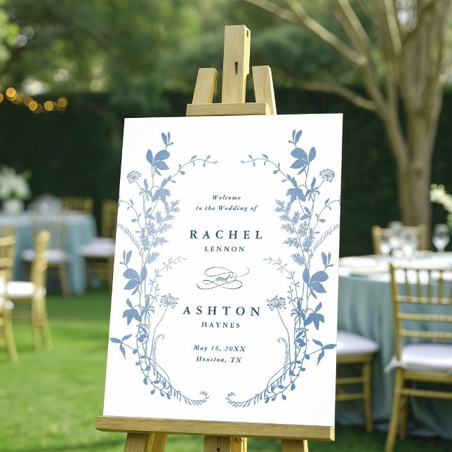 Poster Elegante Bem-vindo de Casamento Botânico Azul Fran (Criador carregado)