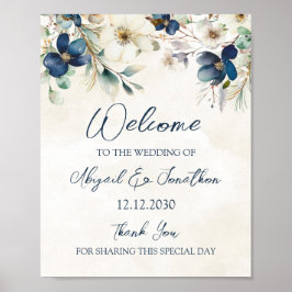 Poster Elegante Bem-Vindo de Casamento Floral Azul de Inv