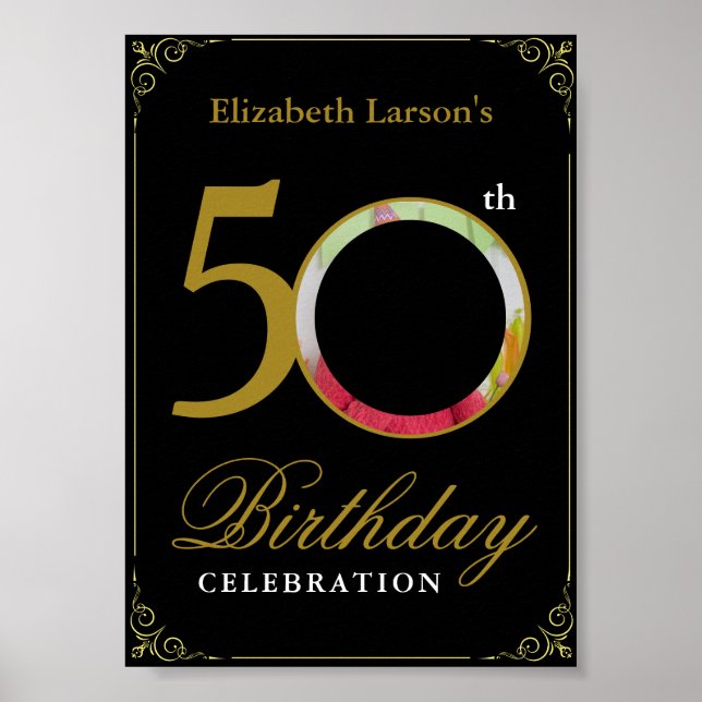 Poster Elegante Black e Dourado 50º Convite de Aniversári (Frente)